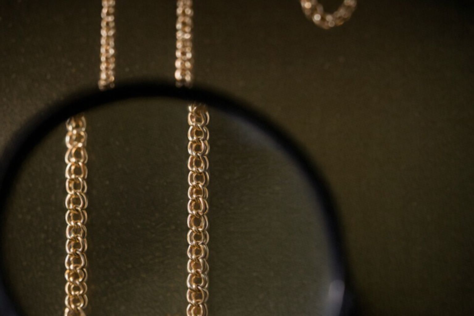 Närbild av ett bismarckhalsband genom ett förstoringsglas.