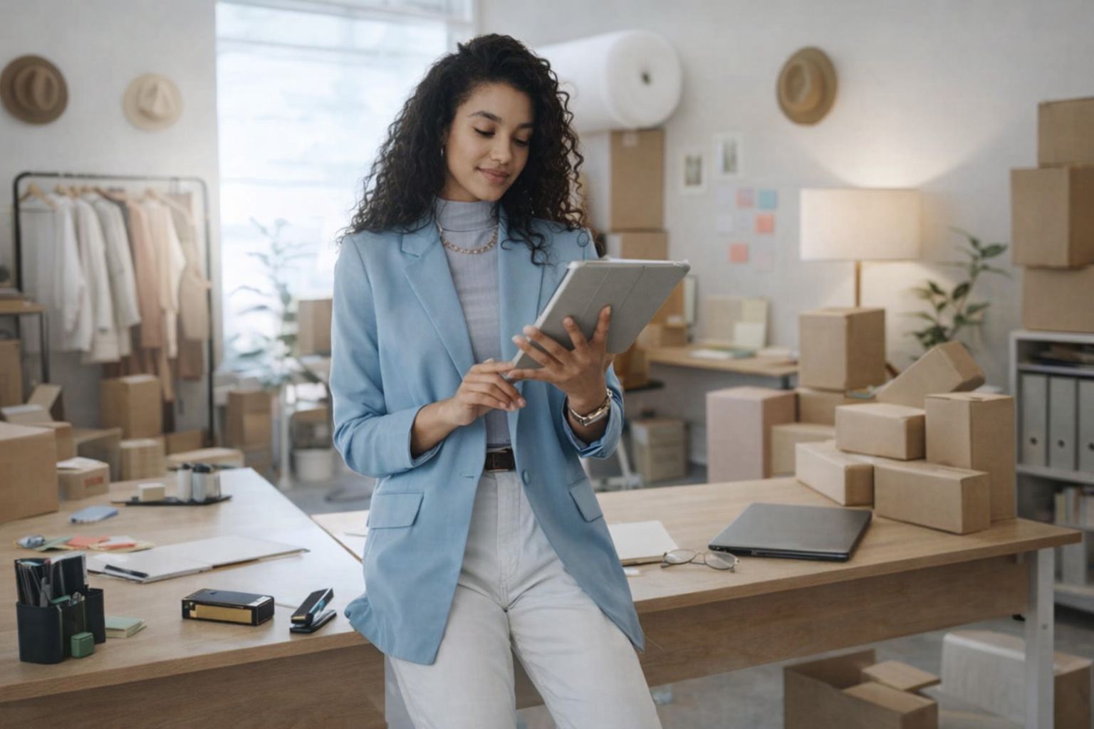 Kvinna i blå kavaj hanterar logistik och paketleveranser på en surfplatta.