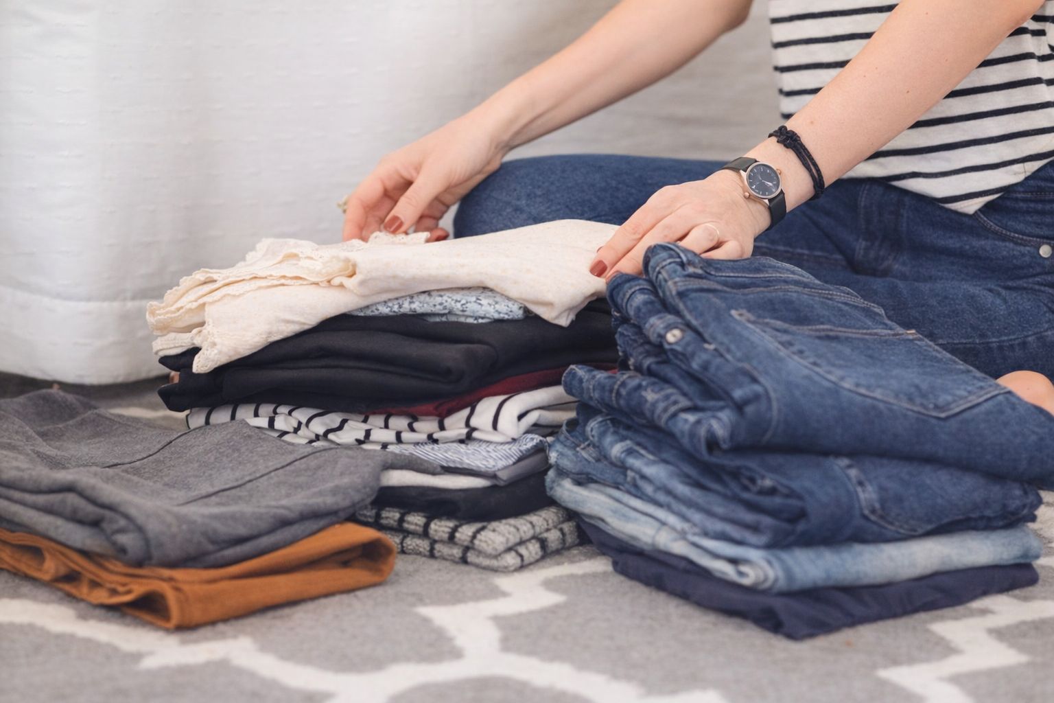 En person sorterar vikta kläder och jeans i prydliga högar på golvet.