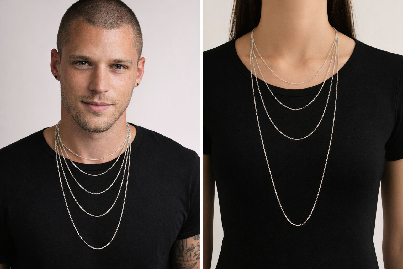 Exempel på olika längder för Bismarck-halsband på man och kvinna.