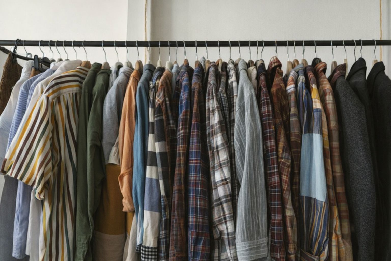 En klädställning med färgmatchade skjortor och jackor i naturmaterial.