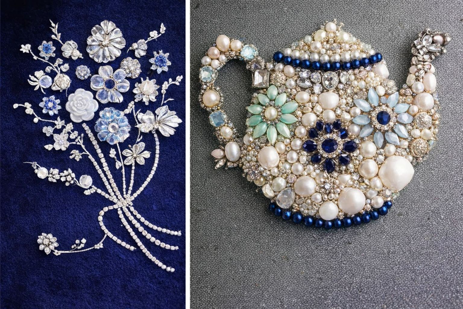 Vintagesmycken arrangerade som en blombukett och en tekanna av pärlor.